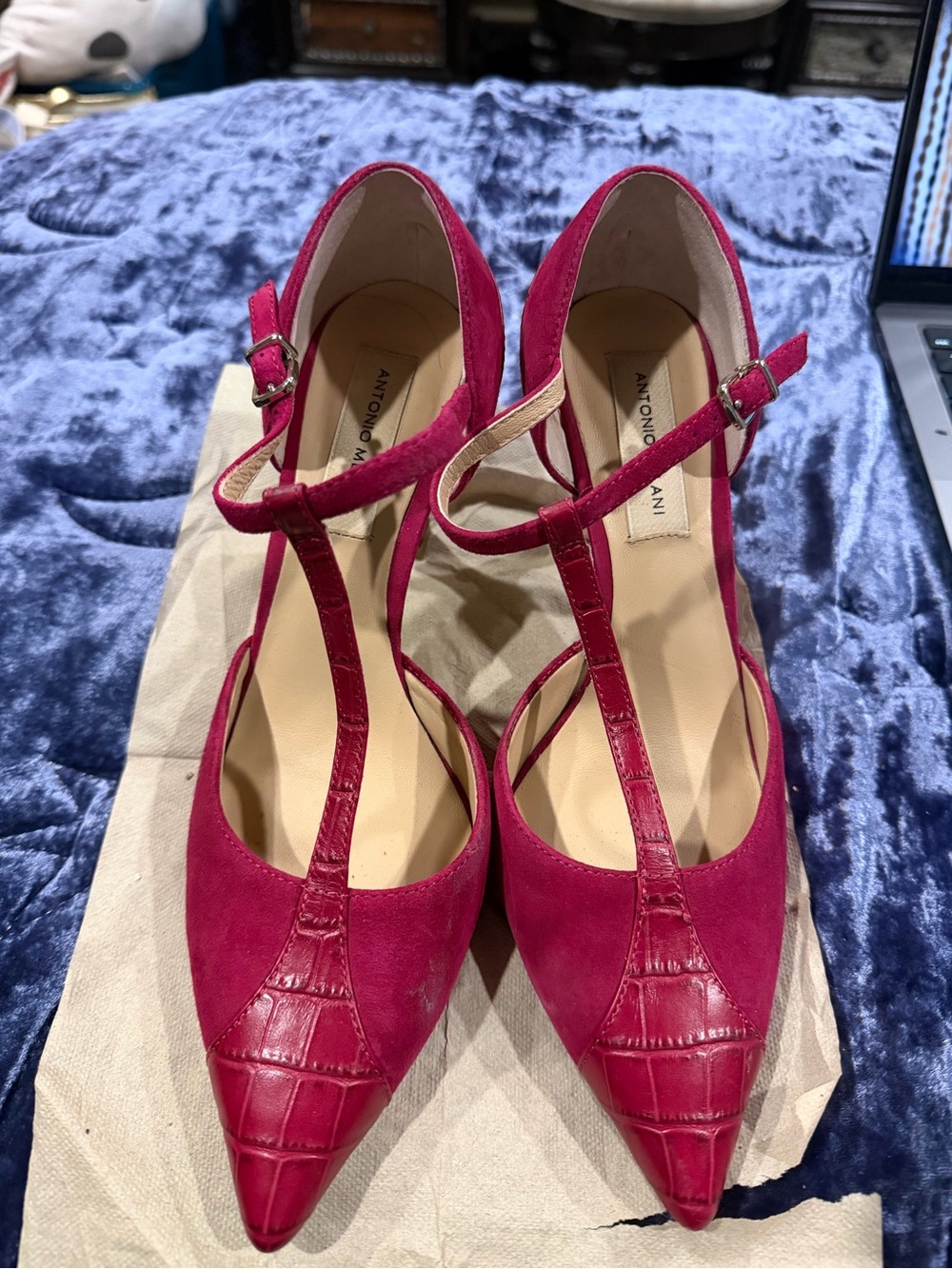 ANTONIO MELANI Fuchsia T-Strap Pointed Toe Pumps